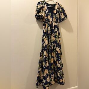 Yumi Kim Blue with Cream florals puff sleeve  Tiered Maxi Dress - size small